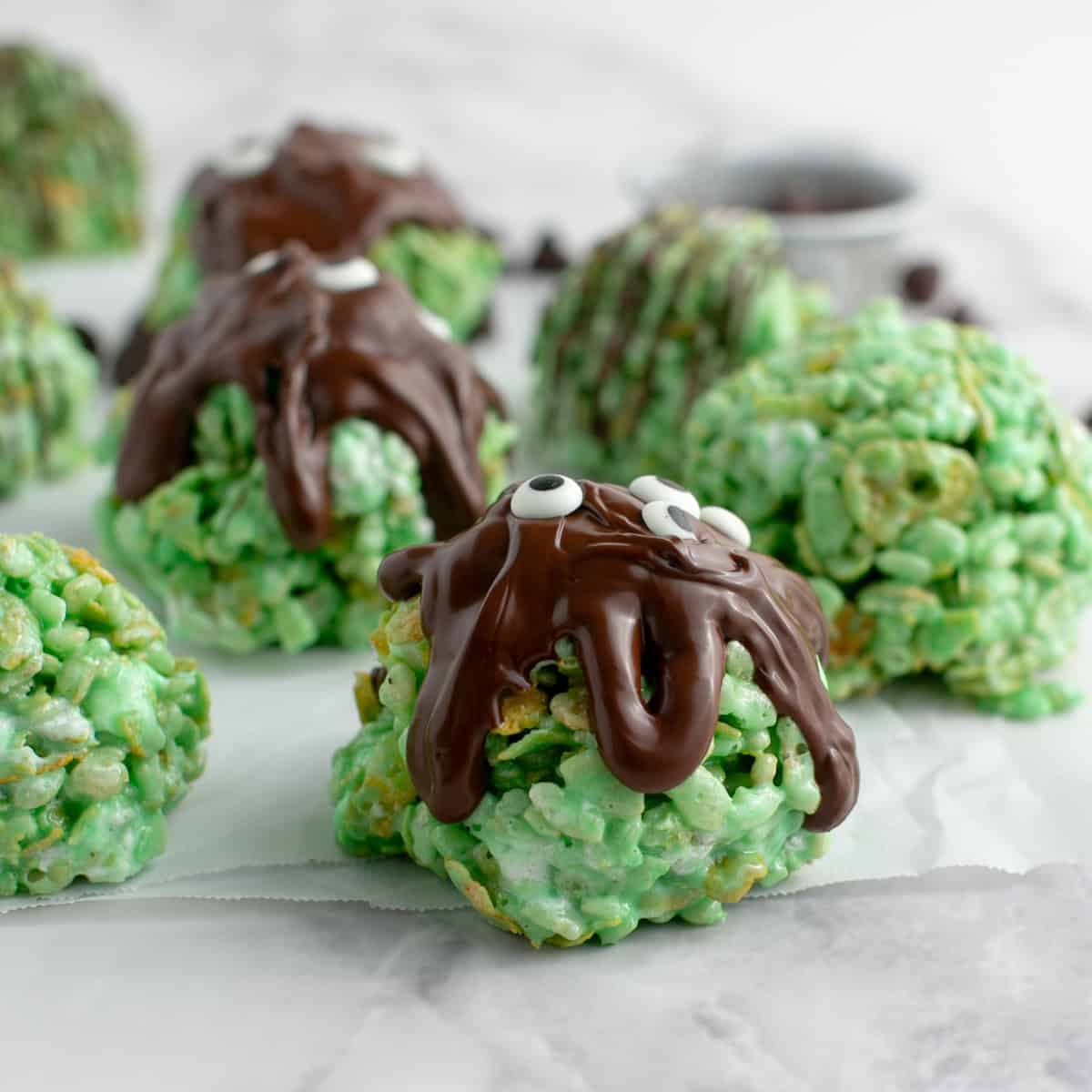 Monster Rice Krispie Treats with Chocolate Drizzle