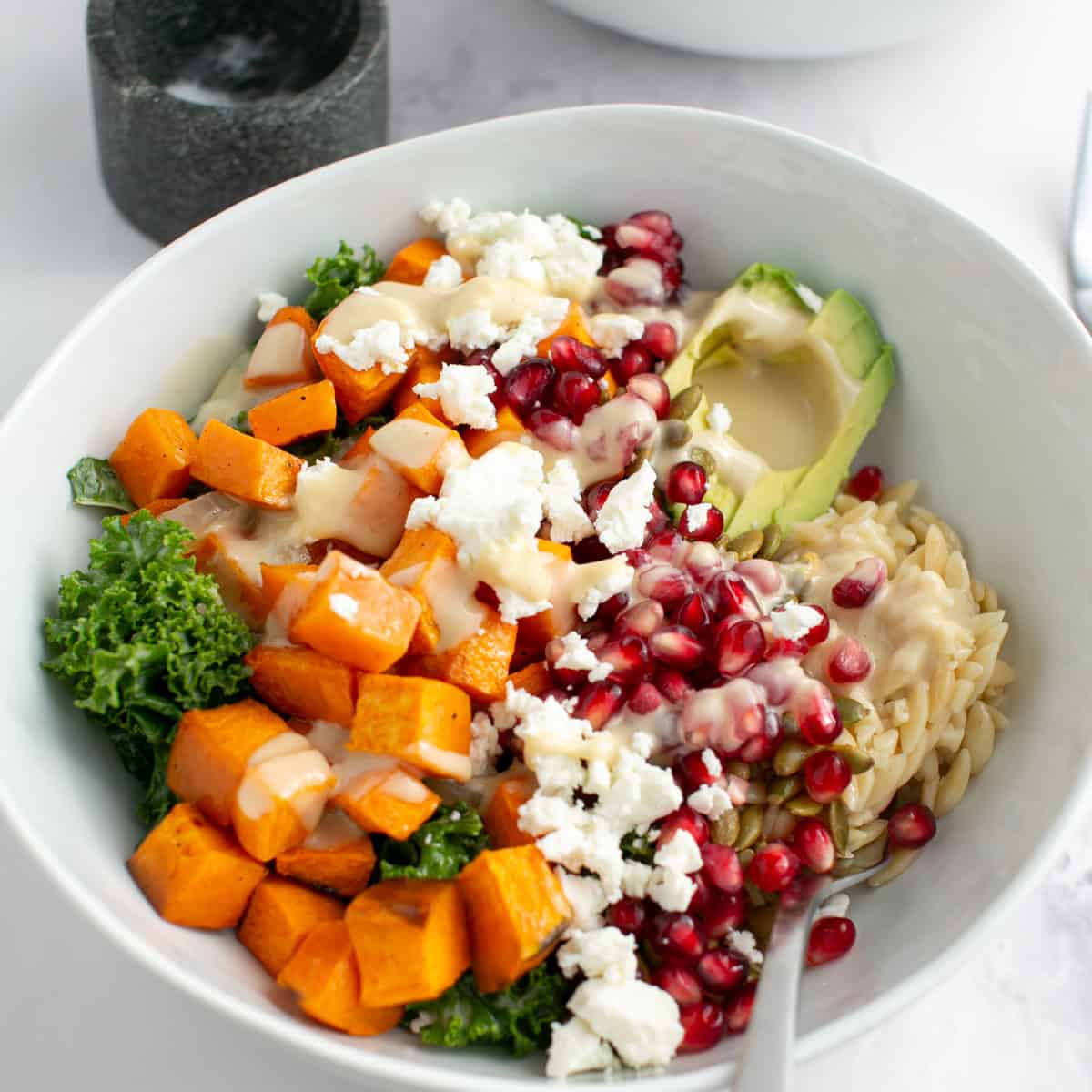 Pomegranate Kale Orzo Salad Recipe with Goat Cheese