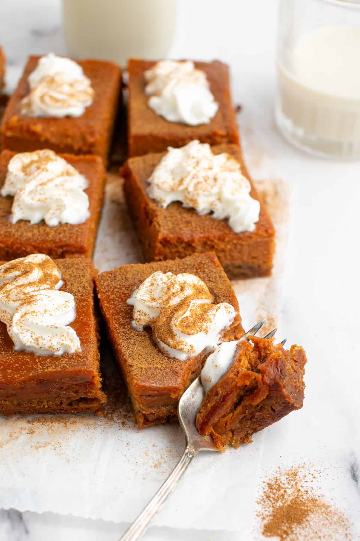 Pumpkin Pie Bars with a fork.