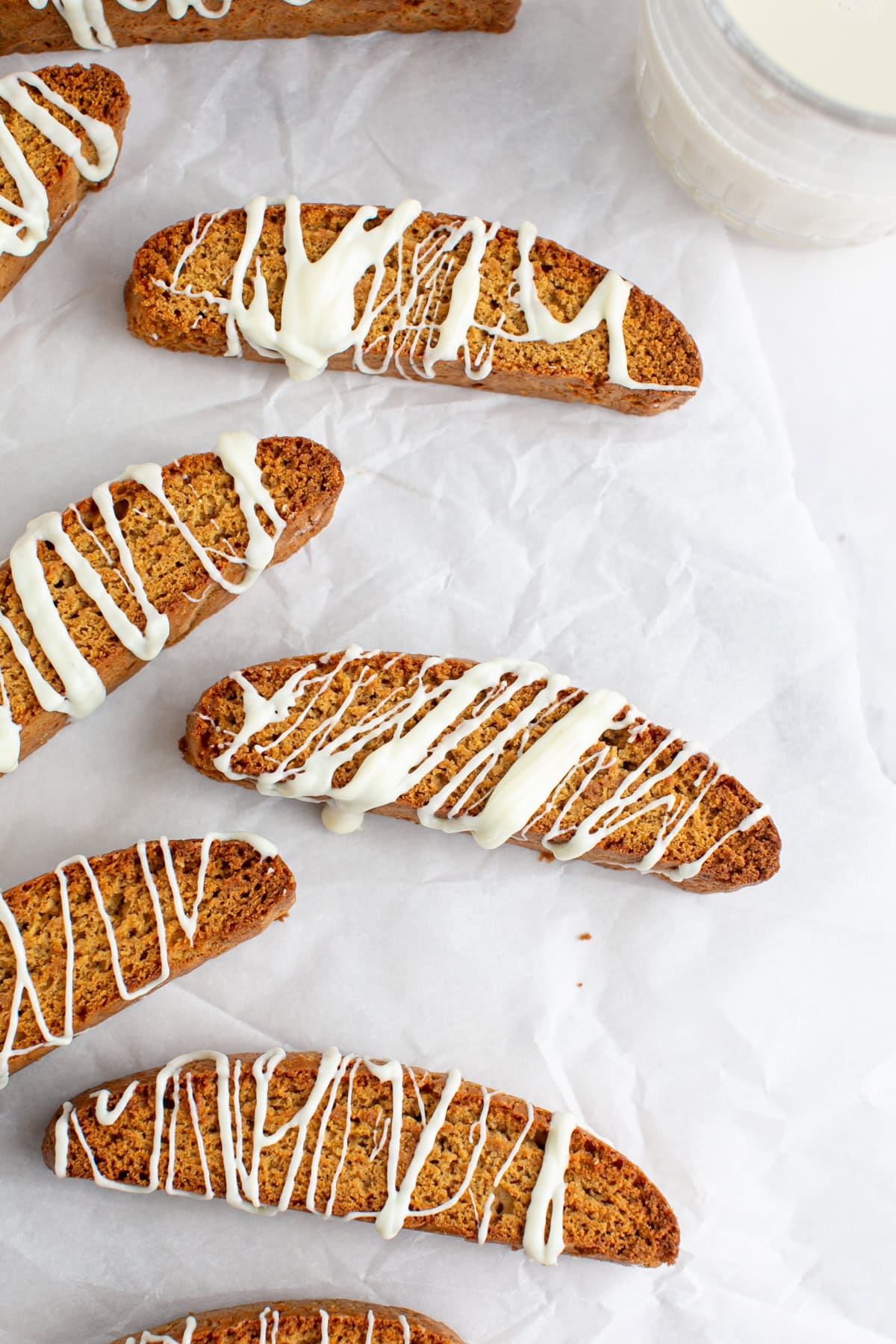 Orange Gingerbread Biscotti with white chocolate drizzle.