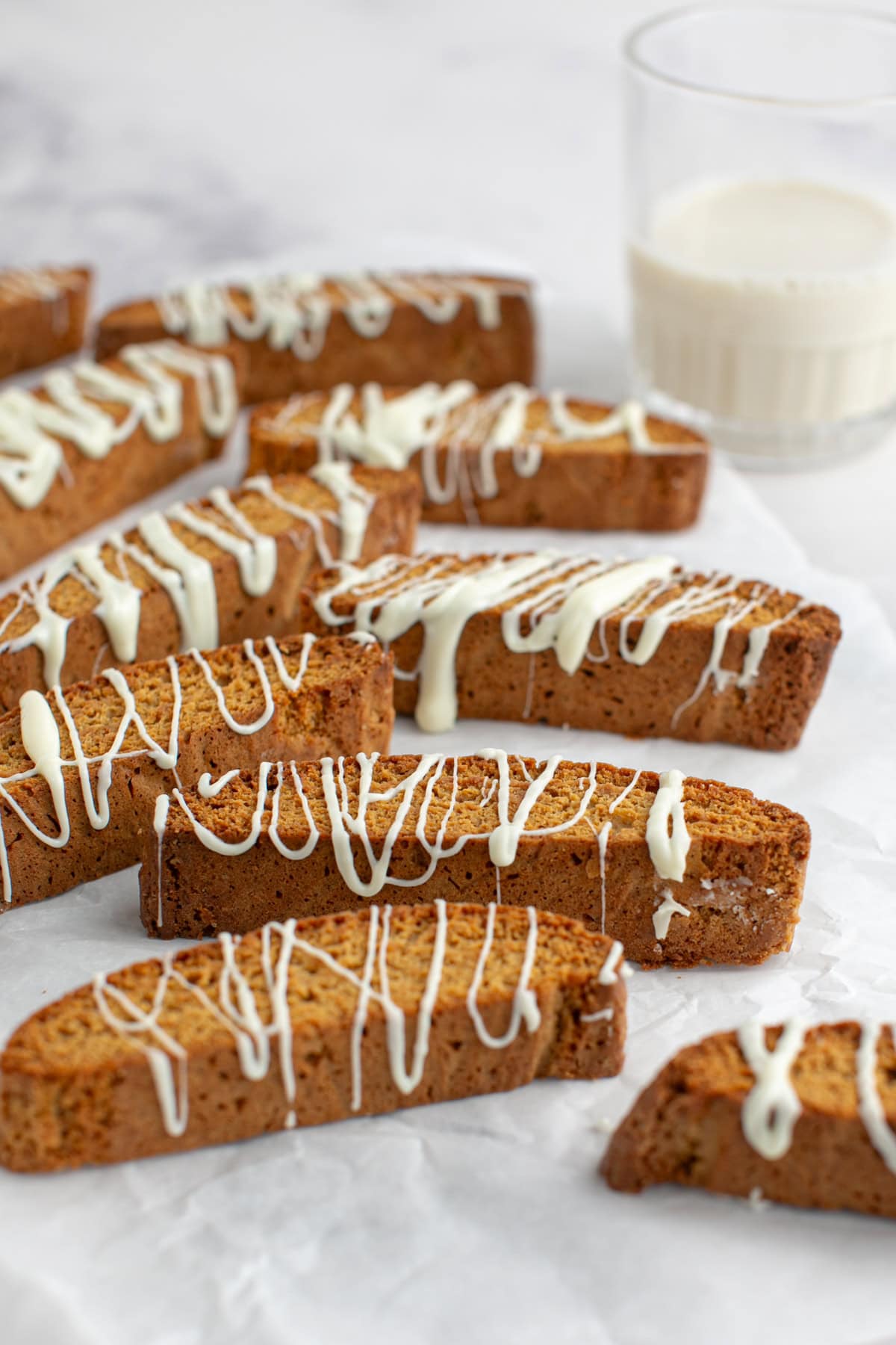 Orange Gingerbread Biscotti with a glass of milk.