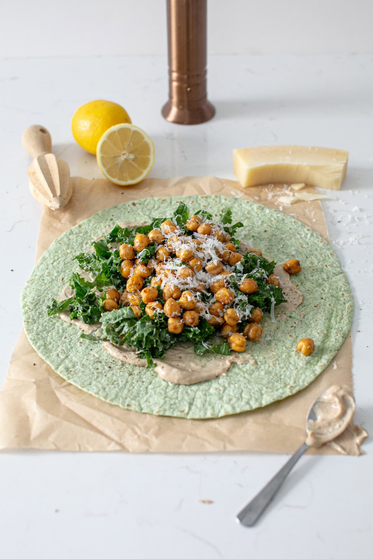 Chickpea caesar wrap with parmesan cheese.